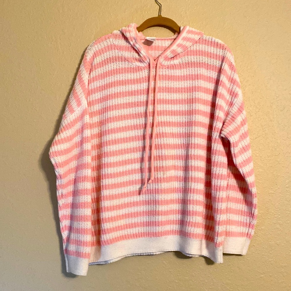 ✨Time And Tru•Knitted Hoodie•Pink & White Striped•Large(12-14)✨